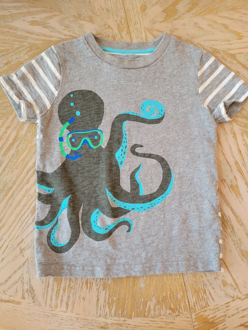 Mini Boden Grey Tee with Teal Octopus Graphic, Stripes, Swim